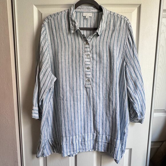 J. Jill Women's XL Blue Vertical Striped Love Linen 3/4 Sleeve Popover Blouse - Picture 1 of 10